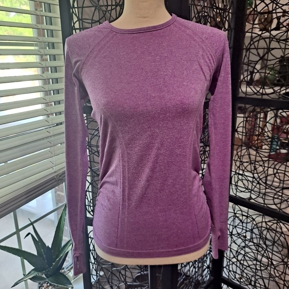 Athleta Size Small Heathered Fuchsia Athletic Shirt Ruched Sides Long Sleeve